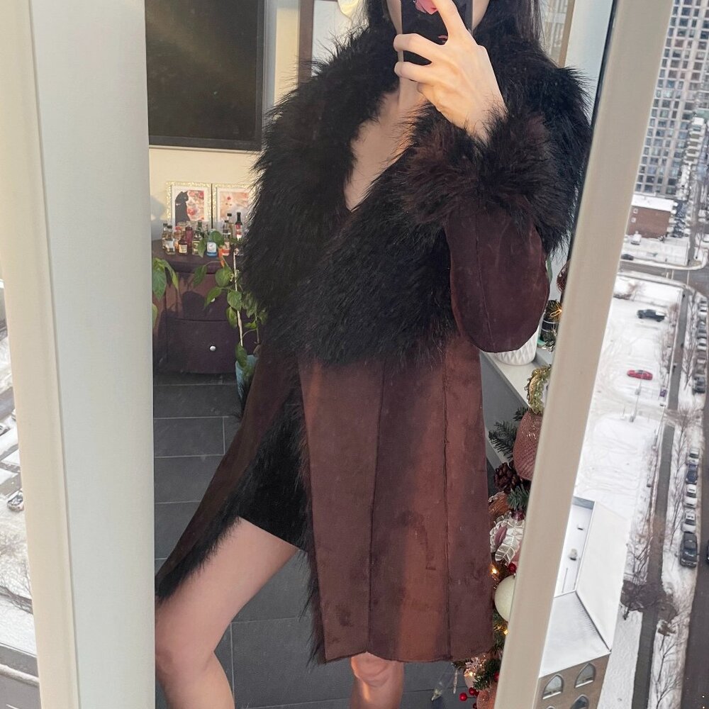 Faux fur Jacket, Y2k Fluffy Brown Faux Fur Trim Jacket, Mocha Short Afghan Coat